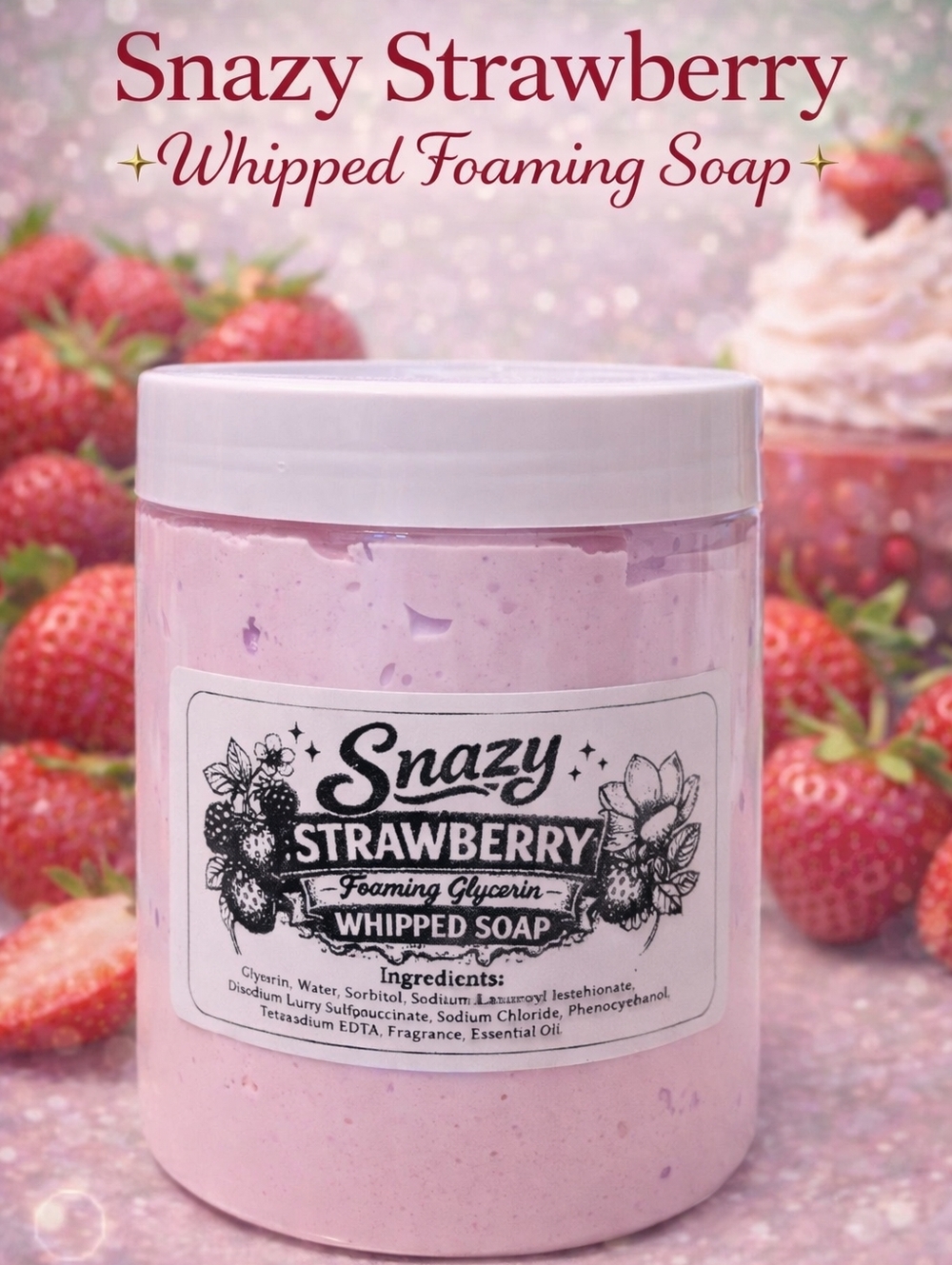 New! Hand Crafted Snazy Strawberry Whipped Foaming Soap 8oz